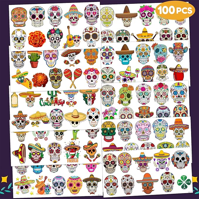 Skull Temporary Tattoos Fiesta Sugar Skull Party Decorations Favors Supplies Mexican Themed Cute Stickers 10 Sheets 100 PCS Gifts for Baby Girls Boys Class School Carnival