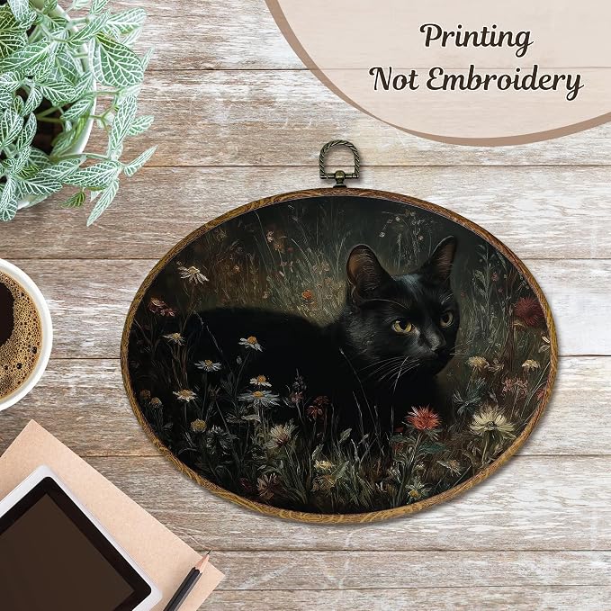 LKETW Vintage Black Cat Floral Oval Wall Art Decor, Dark Academia Cottagecore Black Cat Oval Canvas Hanging Decor, Rustic Moody Botanical Wall Decorations for Home Living Room Bedroom, 11.4x8.6 Inch