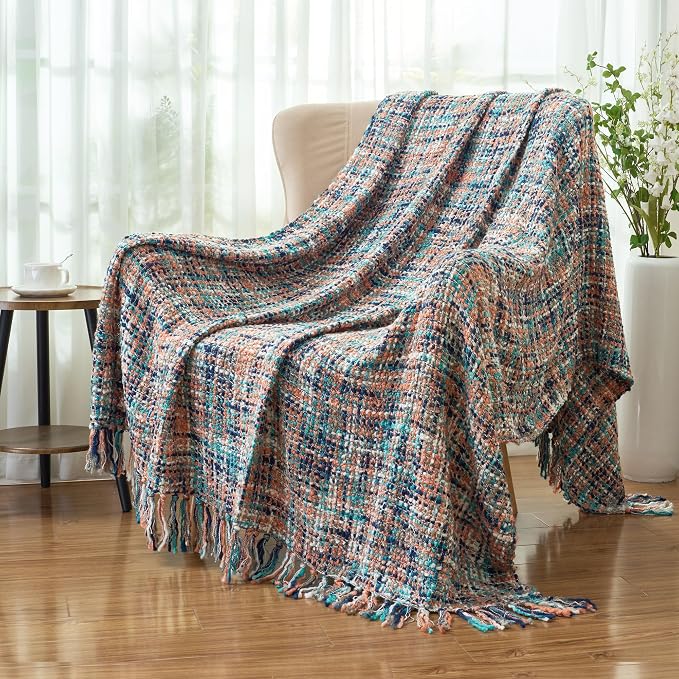 Multi-Color Cable Woven Throw Blanket for Couch - 50"X60" | Multicolored Boho Style,Super Soft Warm Cozy Chunky Blankets with Decorative Tassels for Bed and Sofa,Pink