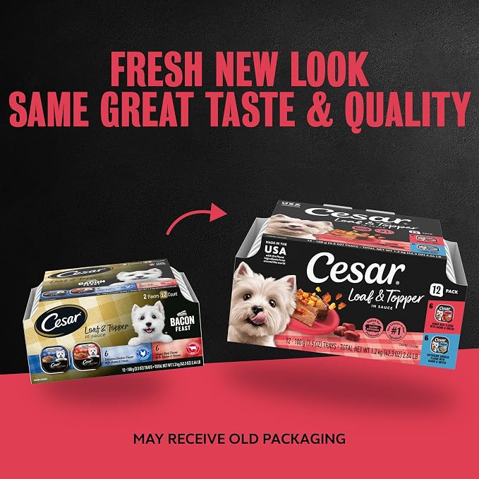 Cesar Loaf & Topper Wet Dog Food, Bacon Feast, 3.5 oz, 12 Count, 2-Pack | Rotisserie Chicken & Angus Beef with Bacon & Cheese, no fillers or artificial flavors, slow-cooked, easy peel trays