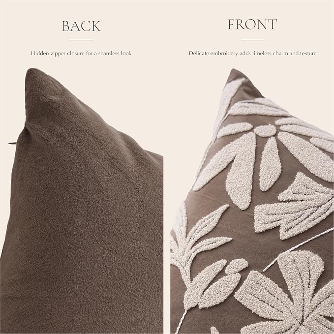Decorative Lumbar Pillow Cover 12x20 Inch, Taupe Brown Floral Tufted Velvet Accent Pillow Case for Sofa Bed Living Room, Cover Only
