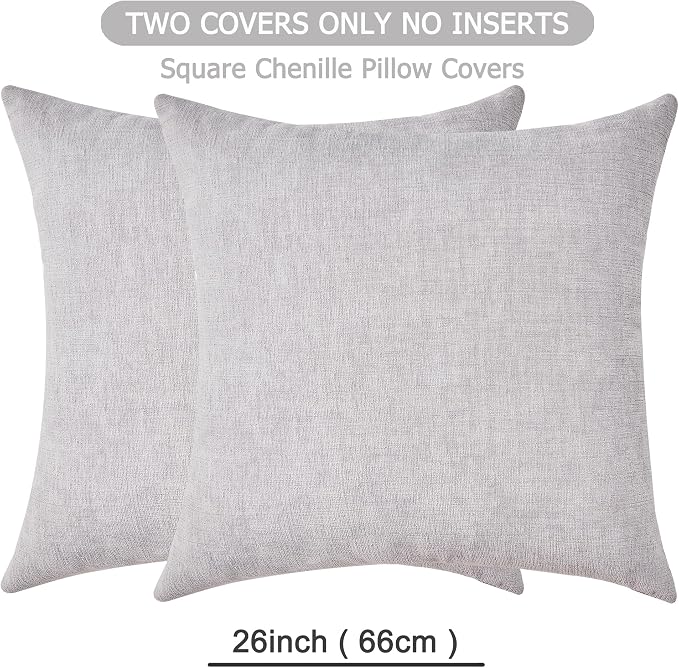 GAWAMAY Decorative Chenille Throw Pillow Covers 26x26 Inch Pack of 2, Soft Square Couch Pillow Cover for Sofa Cushion Living Room Bedroom Oversized Pillowcases Light Grey 66x66cm (ONLY Covers)