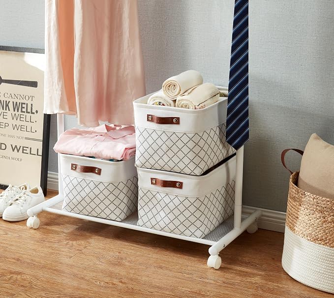 DECOMOMO Storage Bins, Large Fabric Storage Baskets for Shelves 3 Pack | 15 x 11 x 9.5 inches Decorative Linen Closet Organizers with Handles (Checkered White)