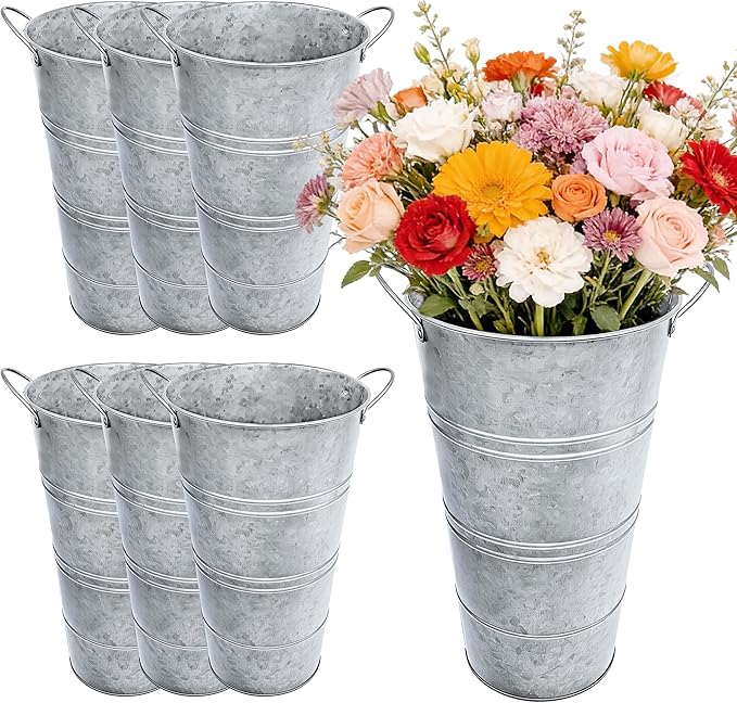 12 Inch Galvanized Metal Flower Buckets, Set of 6 - Rustic Tin Vases with Handles for Farmhouse & Wedding Decor, Tall Planters for Cut Flowers, Table Centerpiece & Home Organization