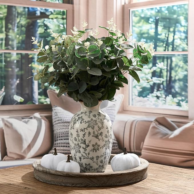 Gray Vintage Chinoiserie Floral Vase, 7.95" Decorative Flower Vase, Modern Farmhouse Ceramic Vase for Home Decor, Living Room, Bookshelf, Office, Entryway, Garden, Chinoiserie Decor, Tuscan Decor