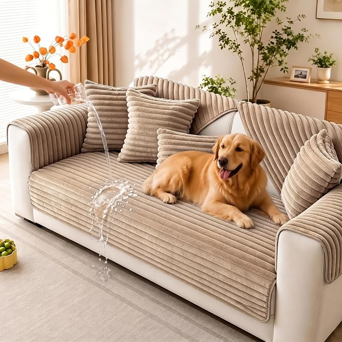 Waterproof Couch Cover for Dogs, Sofa Covers Washable & Non-Slip, Soft Dog Bed Blanket Protector for Sectional, Loveseat, Living Room Furniture (Khaki, 35.43"x 82.7" 1 Pack)