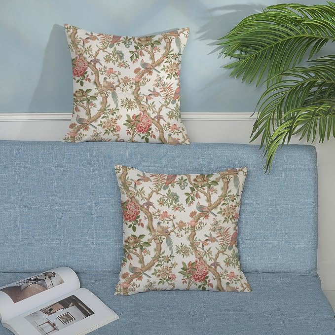 Chinoiserie Pillow Covers 16x16 Set of 2 Pink Green Bird Floral Throw Pillows Vintage Pink Flower Bird Decorative Pillow Cases Outdoor Chinoiserie Decor Farmhouse Cushion Case for Couch Sofa