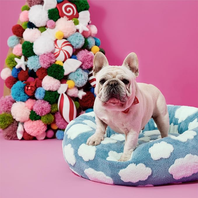 LE SURE Shown on TV Jacquard Donut Dog Beds Medium Sized Dog,Blue 30x30x8in | Orthopedic Calming Pet Bed Sofa, Original Design Pattern,Washable Cover,Cute Home Decor as Gift for Pet,Anti Slip Bottom