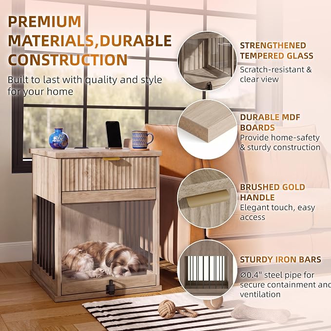 Dog Crate Furniture End Table for Small Dogs with Charging Station (Grey)