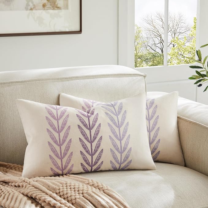 Farmhouse Leaves Lumbar Pillow Covers Set of 2, 12x20in Mixed Purple