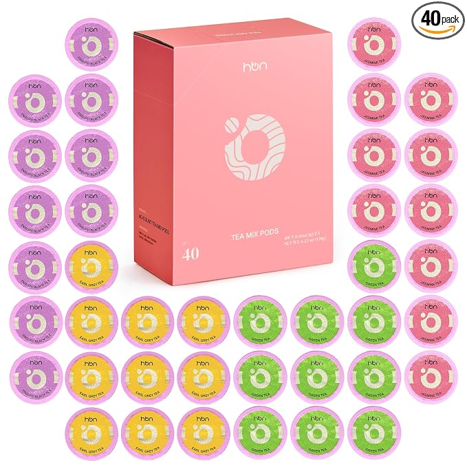 HBN Tea 40-Count Sampler Variety Pack for K-Cup Brewers, Healthy & Energizing Tea Capsules, Gift Box Set (Green, English Breakfast, Earl Grey, Jasmine)