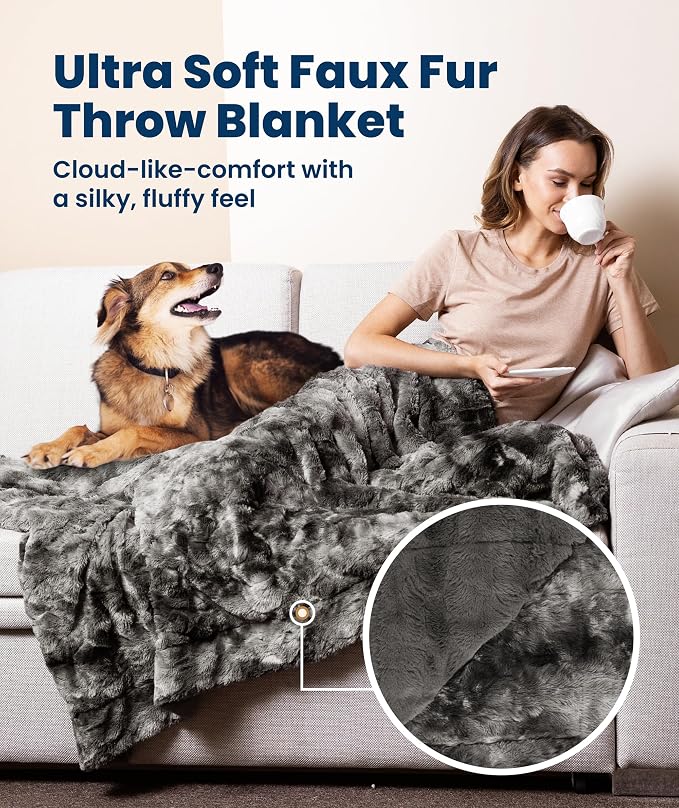 Everlasting Comfort Soft & Comfortable Gray Faux Fur Throw Blanket for Couch - (50"x65") Minky & Fluffy Fall Blankets & Throws, Plush Fuzzy Cover for Bed, Sofa & Living Room - Cozy Home Decor
