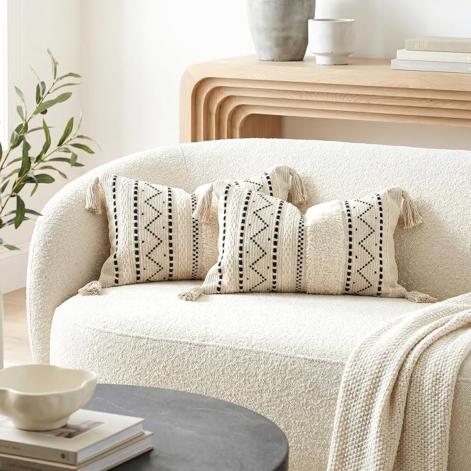 Decorative Lumbar Throw Pillow Covers 12x20 Combo Set of 2 Rectangular Boho Accent Pillowcase Black Neutral Farmhouse Cushion for Couch Sofa Bedroom Living Home Décor Cover ONLY