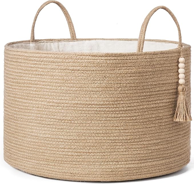 Mkono Woven Storage Basket for Blanket, Toys Plant Organizer, 22"W x 13.8"L | Brown, Jute, Decorative Basket with Handle, Wood Beads Tassel, Shoes Towel Clothes Storage Bin, Living Room Bedroom Nursery