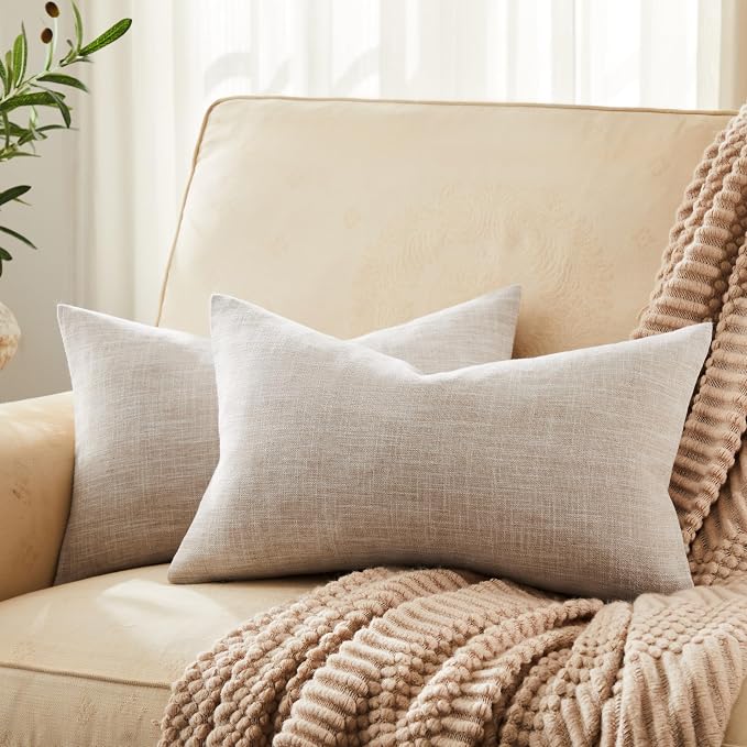 Rustic Linen Lumbar Pillow Covers Set of 2, Taupe 12x20in | Textured Pillow Case, Rustic Cotton Linen Fabric, Modern Farmhouse Cushion Covers for Sofa Bed Living Room Home Decor