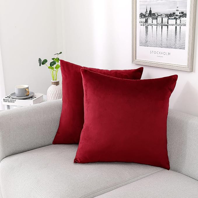 NiNi ALL Burgundy Red Velvet Throw Pillow Covers 20x20 Pack of 2 Decorative | Soft Solid Boho Cushion Squar Pillow Cases for Chair Sofa Bedroom Farmhouse Living room Modern Luxury Home Decor Christmas