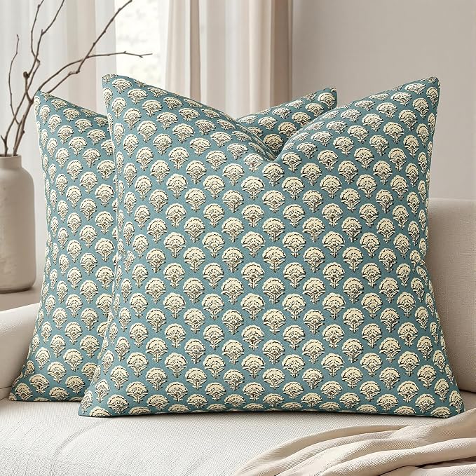 MIULEE Floral Print Decorative Euro Pillow Covers 22x22, Lake | Vintage Boho Farmhouse Modern Home Decor, Set of 2, Block Print Cushion Covers for Couch Sofa Bed Living Room
