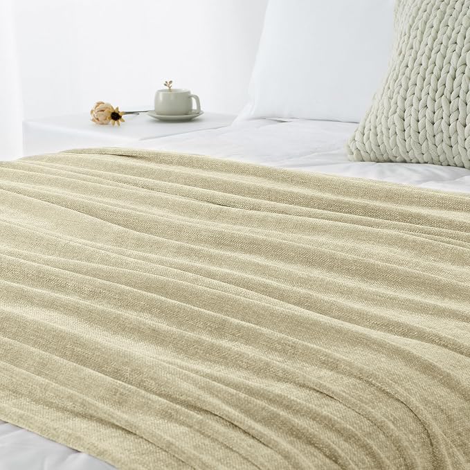 Chenille Throw Blanket for Couch 60" x 80" Twin, Light Beige | Soft Cozy Warm Throws with Fringe Tassel, for Living Room Bed Sofa Chair Cover, Lightweight Knitted Decorative Boho Blankets
