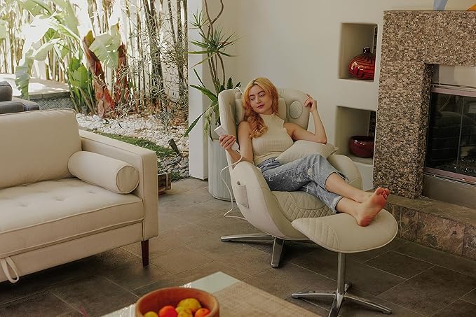 Nouhaus Classic Massage Chair with Ottoman. White Leather Lounge Chair, with Percussive & Shiatsu Chair Massager, Bluetooth Speaker and Recliner. Cozy Bedroom Chair with Spot and Full Body Massager