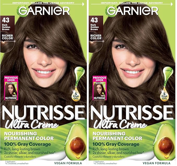 Garnier Hair Color Nutrisse Nourishing Creme, 43 Dark Golden Brown (Cocoa Bean) Permanent Hair Dye, 1 Count (Packaging May Vary) (Pack of 2)