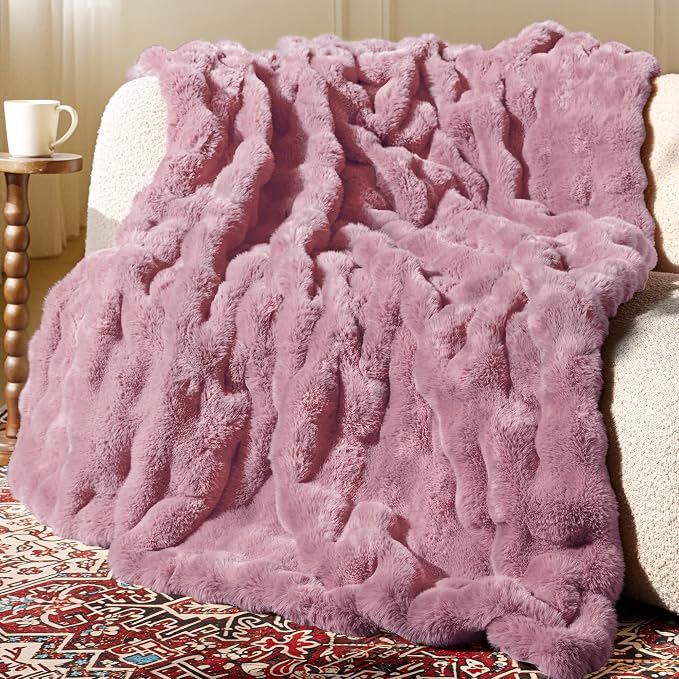 Ultra Soft Cozy Faux Fur Throw Blanket, Fuzzy Plush Thick Bubble Blanket, Oversize Luxury Fluffy Blanket for Couch, Sofa, Bedroom, and Living Room,50x60 Inches,Pink