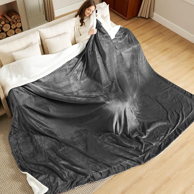 Bedsure GentleSoft Sherpa Fleece Cal King Blankets for Bed, Non-Heated, Thick and Warm Oversized Throw for Women and Men, Soft Fuzzy Plush Large Blanket for Winter, Charcoal, 112x98 Inches