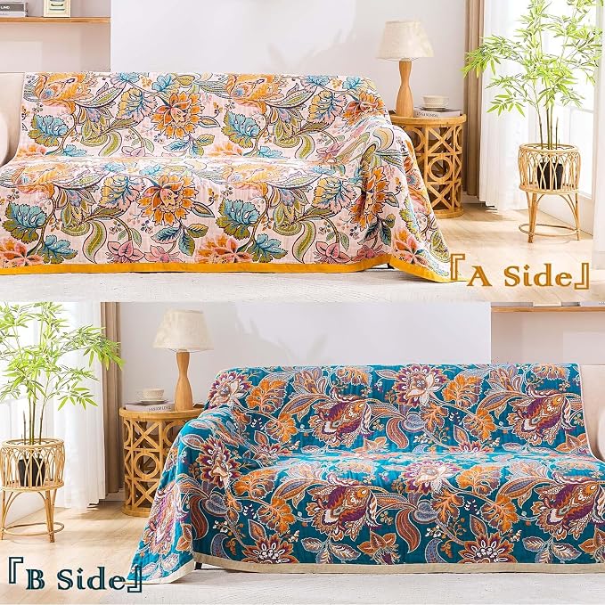 XIBLC Boho Throw Blanket for Bed, 100% Cotton Soft Rustic Quilt Fall Blanket, 90"x98" Floral Printed Farmhouse Decor Bed Blankets, All Season Rustic Reversible Bohemian Throw Quilt
