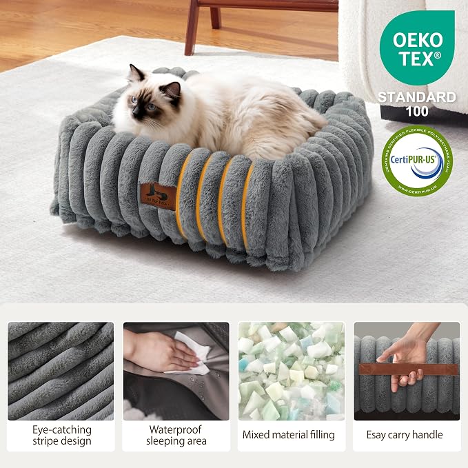 Cute Dog Bed for Small Dogs & Cats,Washable Fluffy Cat Beds for Indoor Cats, Rectangle Orthopedic Memory Foam Puppy Beds with Anti-Slip Bottom, 20 x19 x 7 Inches, Grey (20x19x6 inches)