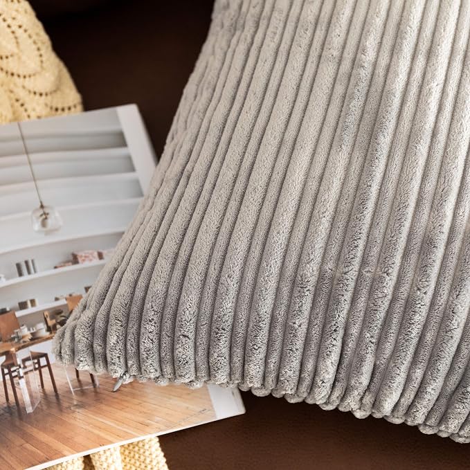 UGASA Super Soft Plush Corduroy Pillow Covers Solid Textured Large Throw Euro Pillow Sham Cushion Cover for Couch Floor, 2 Pcs, 16 x 16, Light Grey