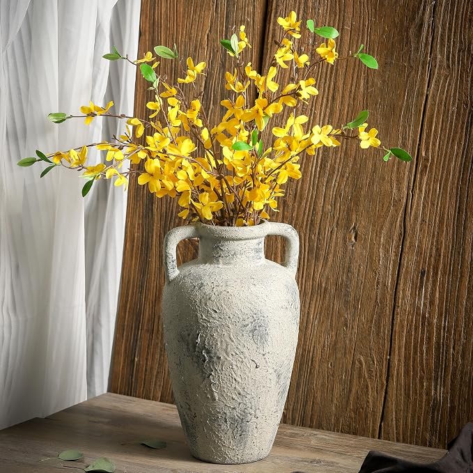 Ceramic Flower Vase, 11.41 Inch Tall Rustic Vase with 2 Handles | Terracotta Farmhouse Vase Adds Rustic Charm to Living Room, Dining Table, Kitchen, and Office Decor, Perfect for Home Styling