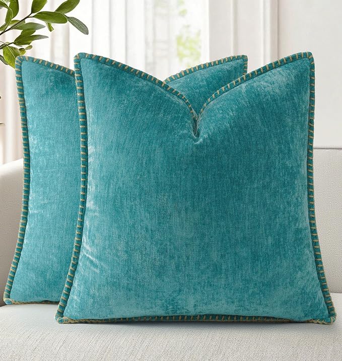 decorUhome Soft Chenille Throw Pillow Covers 20x20 Set of 2 Turquoise | Fall Textured Decorative Throw Pillow Cases Stitched Edge Modern Farmhouse Luxury Boho Velvet for Couch Sofa Bed Home Decor