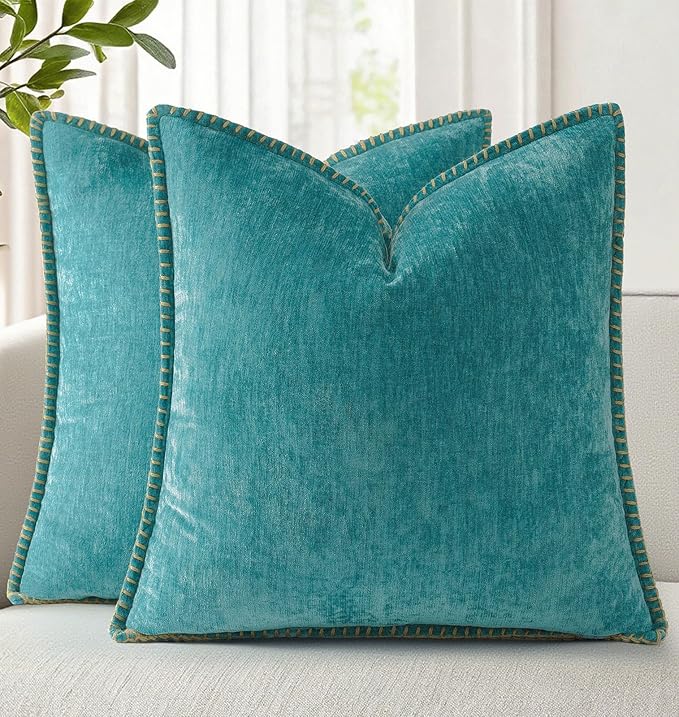 decorUhome Soft Chenille Throw Pillow Covers 18x18 Set of 2 Turquoise | Fall Textured Decorative Throw Pillow Cases Stitched Edge Modern Farmhouse Luxury Boho Velvet for Couch Sofa Bed Home Decor
