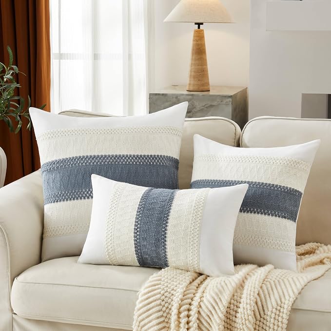 2pk Boho Pillow Covers 12x20, Natural White/Contrast/Navy | 100% Organic Cotton Body, Stripe Embroidery, Farmhouse Decorative Cushion Covers for Sofa Bed Living Room Home Decor