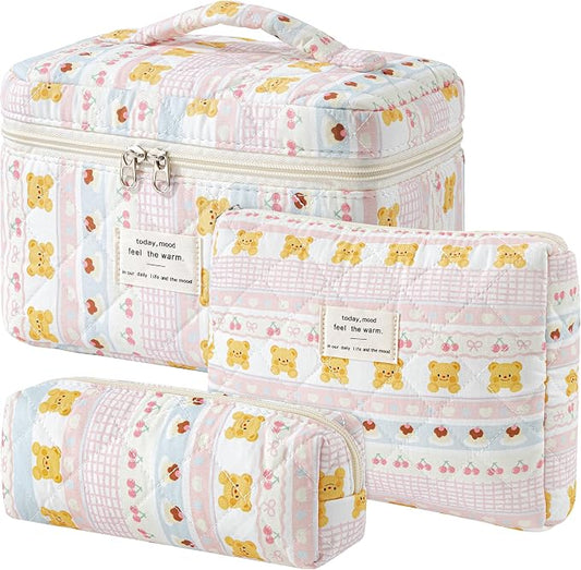 HBselect Quilted Makeup Bag, 3PCS Cotton Large Travel Makeup Bag, Cute Floral Coquette Make up Bag Cosmetic Bag Toiletry Bag for Women Girls