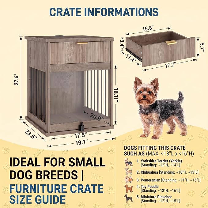 Dog Crate Furniture End Table for Small Dogs with Charging Station (Grey)