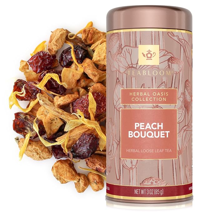 Teabloom Peach Bouquet Loose Leaf Herbal Tea with Peach, Apple & Chicory | Fruity Caffeine-Free Blend for Hot or Iced Tea | Canister Makes 35–50 Cups | Gift-Ready Reusable Tin