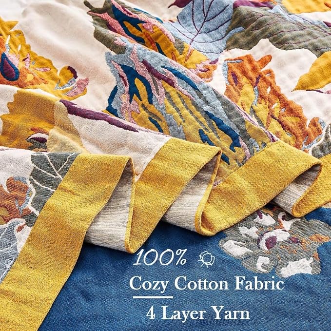 XIBLC Boho Throw Blanket, 100% Cotton Ultra Soft Luxury Throw Rustic Quilt, 60"x80" Floral Bird Butterfly Farmhouse Decor Bed Blankets, All Season Rustic Reversible Bohemian Throw for Bed - Yellow