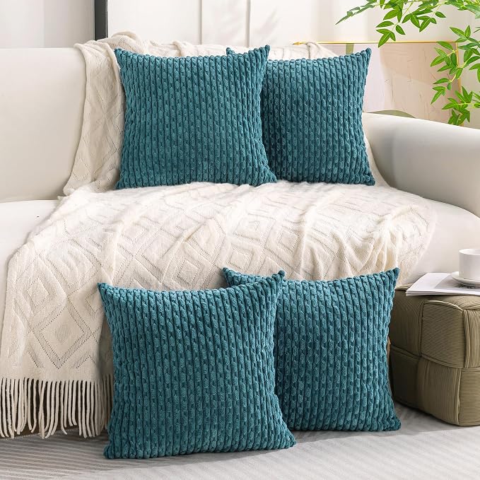 Set of 4 Teal Decorative Throw Pillow Covers 24x24 Inch Corduroy Pillow Covers for Bed Couch Sofa Living Room Soft Square Cushion Cases