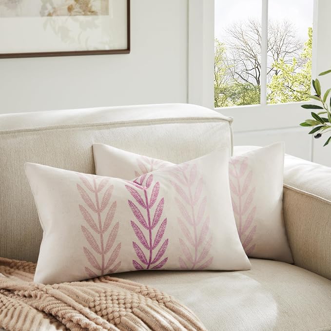 Farmhouse Leaves Lumbar Pillow Covers Set of 2, 12x20in Mixed Pink | 100% Organic Cotton, Rustic Accent Print Pillow Case, Pastoral Decorative Cushion Covers for Sofa Bed Living Room Home Decor
