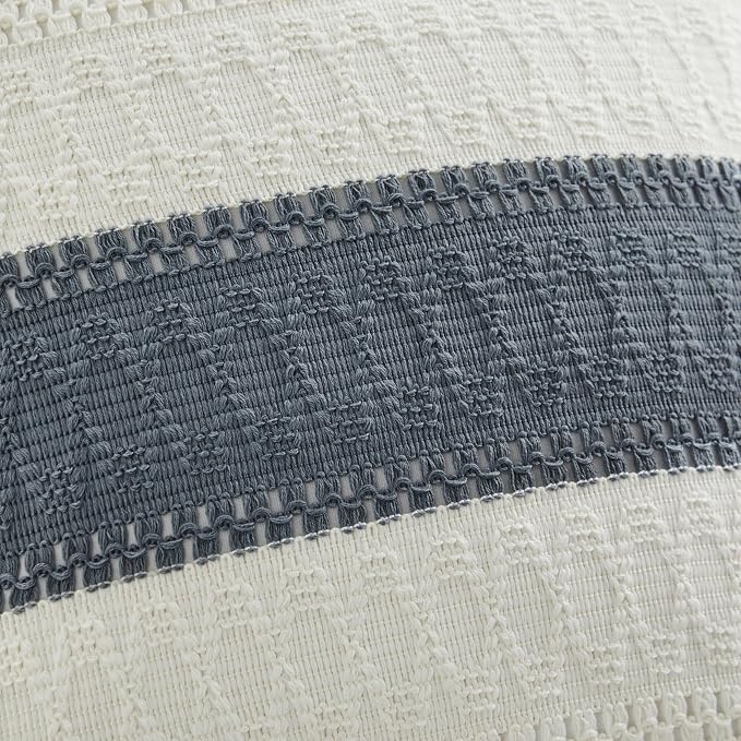 2pk Boho Pillow Covers 12x20, Natural White/Contrast/Navy | 100% Organic Cotton Body, Stripe Embroidery, Farmhouse Decorative Cushion Covers for Sofa Bed Living Room Home Decor