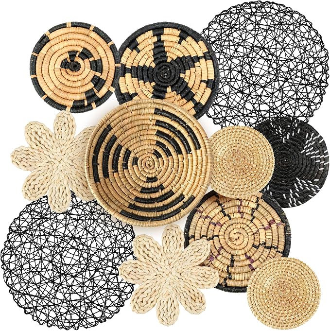 Tatuo 11 Pcs Boho Wall Basket Decor Bulrush Woven Wall Hanging Art Round Farmhouse Rustic Handmade Wicker for Summer Home, Bedroom, Living Room, Kitchen Decorations, Multi Sizes(Fresh)