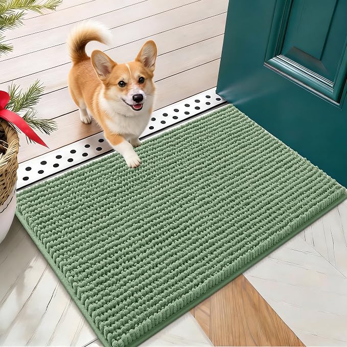 OLANLY Dog Door Mat for Muddy Paws 24x16, Extra Absorbent Chenille Mud Mat | Olive Green, Absorbs Moisture and Dirt, Non-Slip Machine Washable Doormat, Quick-Drying Indoor Entryway Floor Mat for Dogs