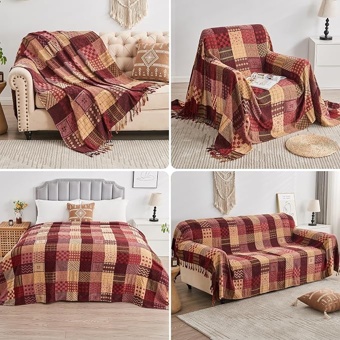 Boho Throw Blanket,Patchwork Large Blankets for Sofa Double Bed Armchair Couch,Weighted Soft Furniture Throws,Tassels Chenille Throws and Blankets for Bohemian Decor (60"*75")…