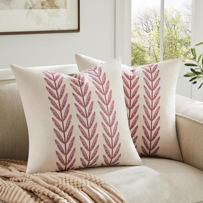 Farmhouse Leaves Throw Pillow Covers Set of 2, 16x16in Burgundy | 100% Organic Cotton, Rustic Accent Print Pillow Case, Pastoral Decorative Cushion Covers for Sofa Bed Living Room Home Decor