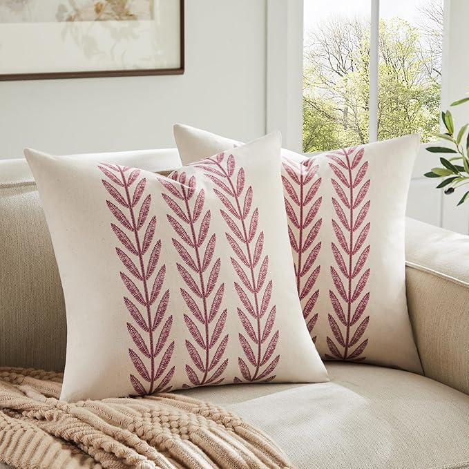 Farmhouse Leaves Throw Pillow Covers Set of 2, 24x24in Burgundy | 100% Organic Cotton, Rustic Accent Print Pillow Case, Pastoral Decorative Cushion Covers for Sofa Bed Living Room Home Decor