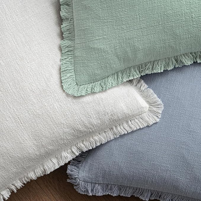 MIULEE Boho Linen Fringe Decorative Throw Pillow Covers Aqua Green 20x20 | Set of 2, Cottagecore Decor, Boho Farmhouse Neutral Pillow Covers, Rustic Couch Cushion Cases for Sofa Bed Living Room