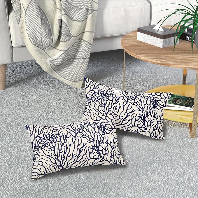 Nautical Coastal Coral Lumbar Pillow Covers 12x20 Inch Set of 2 Summer Ocean Beach White Blue Decorative Pillow Cases Outdoor Linen Cushion Cover Farmhouse Decor for Bedroom Home Sofa Couch Bed