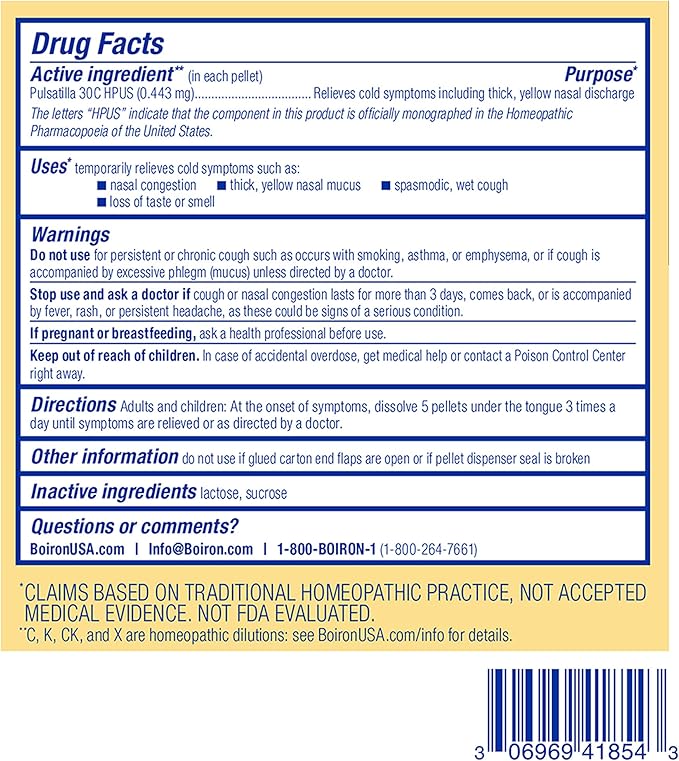 Boiron Pulsatilla 30C Homeopathic Medicine for Relief from Cold, Nasal Congestion, Thick Mucus, and Cough - 3 Count (240 Pellets)