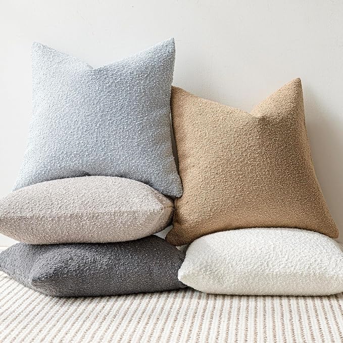 Foindtower Pack of 2 Modern Textured Boucle Throw Pillow Covers Accent Solid Decorative Pillow Cases Cozy Woven Couch Cushion Case for Chair Sofa Bed Living Room Home Decor, 18 x 18 Inch, Light Blue