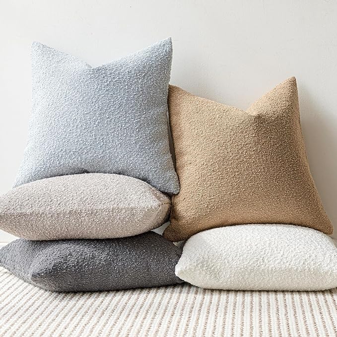 Foindtower Set of 2, Decorative Textured Boucle Throw Pillow Covers Accent Solid Pillow Cases Neutral Soft Cozy Couch Cushion Case for Chair Sofa Bedroom Living Room Home Decor 24 x 24 Inch Light Blue